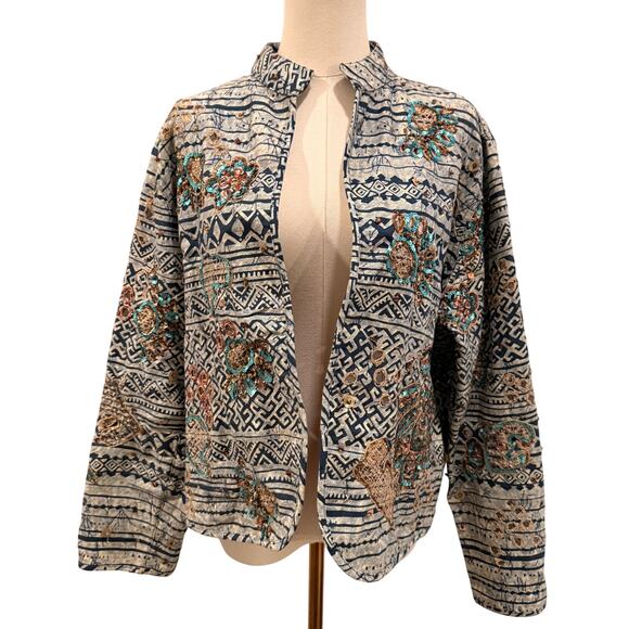 Chico’s Embroidered Sequin Jacket Blue Boho Tribal Linen Cotton Women 2 Large - Picture 1 of 8